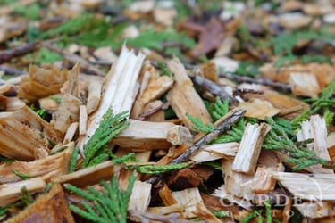 Arborist mulch is local, high nitrogen mix of woody and plant debris derived from local tree service chipping