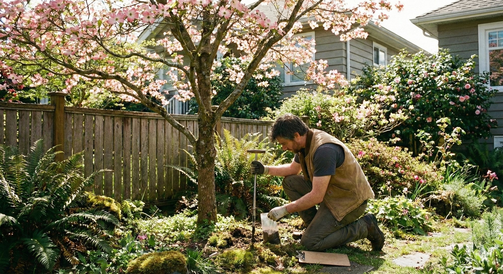 Arborist collecting soil samples for plant health care and disease diagnosis in a backyard garden in Vancouver, BC